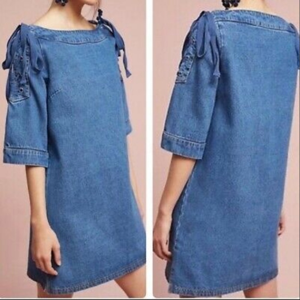 anthropologie | maeve denim tie sleeve shift dress - Picture 1 of 6